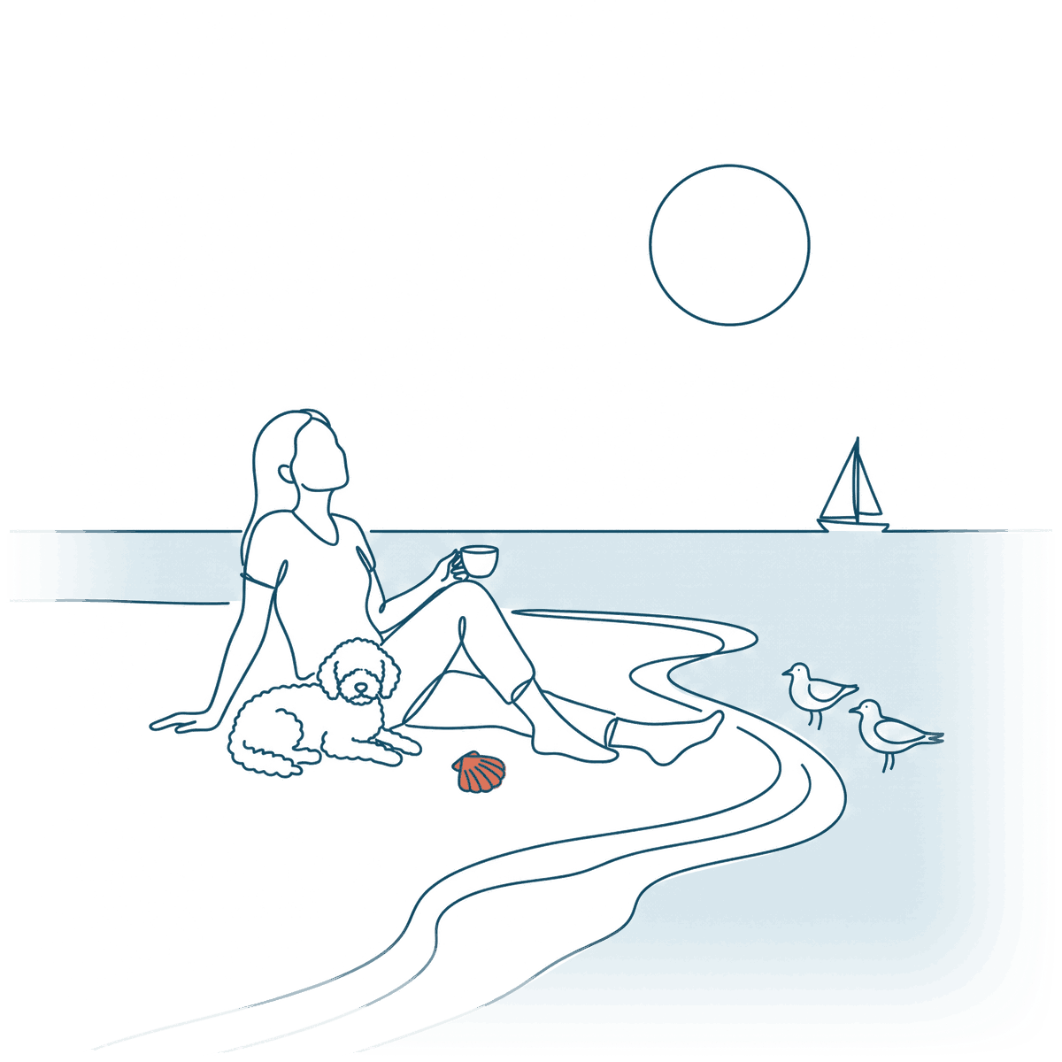 A line drawing of someone sitting on a beach with a dog and a cup of tea, looking out at the water.