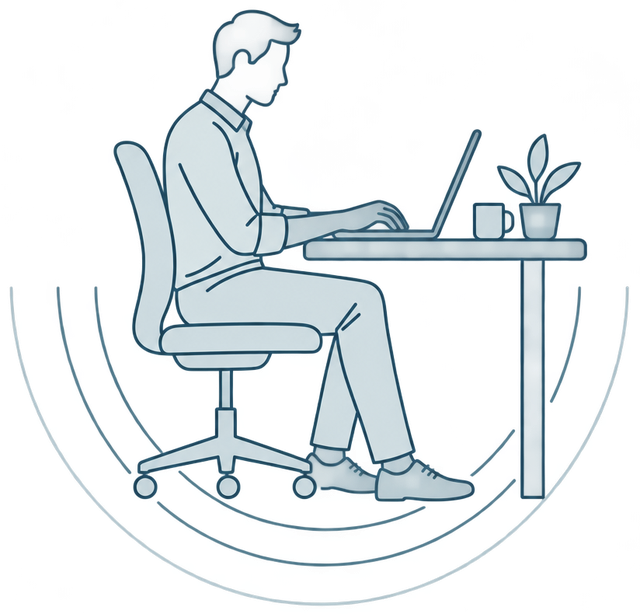 A drawing of someone at a desk, working on a laptop, with a mug and a plant beside it.
