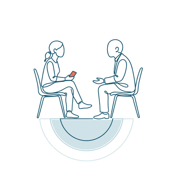 A line drawing of two people sitting facing each other on chairs, mid-conversation.